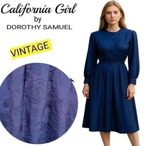 Vintage California Girl Dorothy Samuel Blue 80s Textured Mid Length Dress